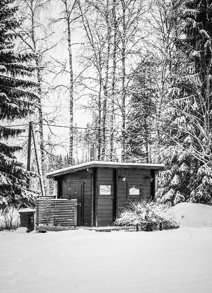 Stylish outdoor sauna in the garden. The outdoor sauna has a handy changing room and a spacious sauna room.