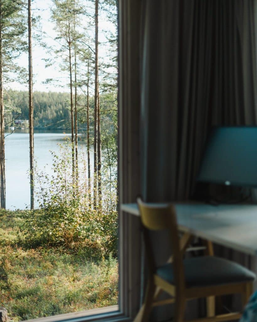 Näkymä Ehta-mökin ikkunasta mäntymetsään ja järvelle, etualalla pöytä ja tuoli