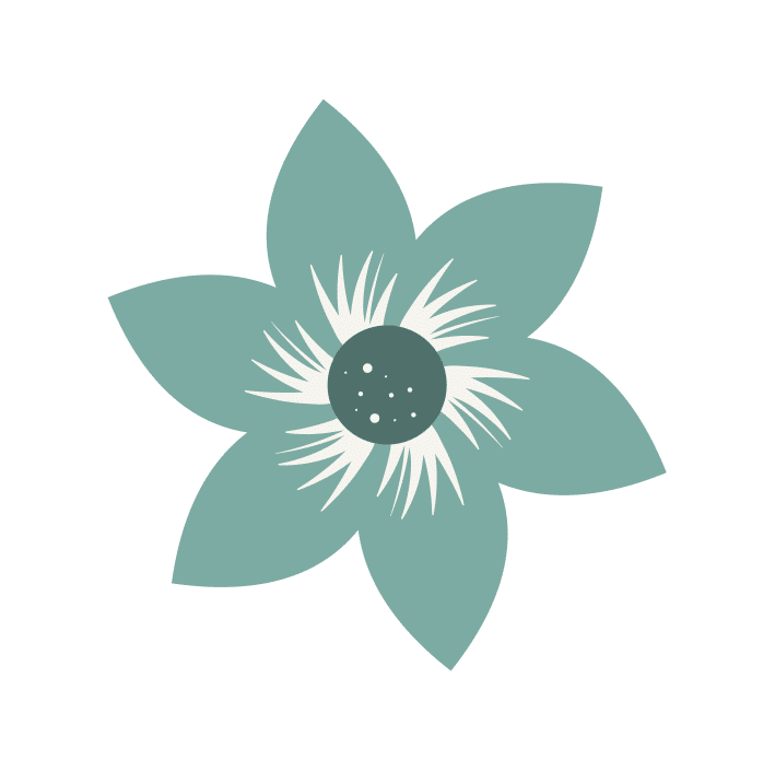 Yksinkertainen, tyylitelty tiilenpunainen kukka, jossa on kuusi terälehteä ja keskeinen ympyrä, jossa on valkoisia korostuksia vaaleanharmaalla pohjalla.