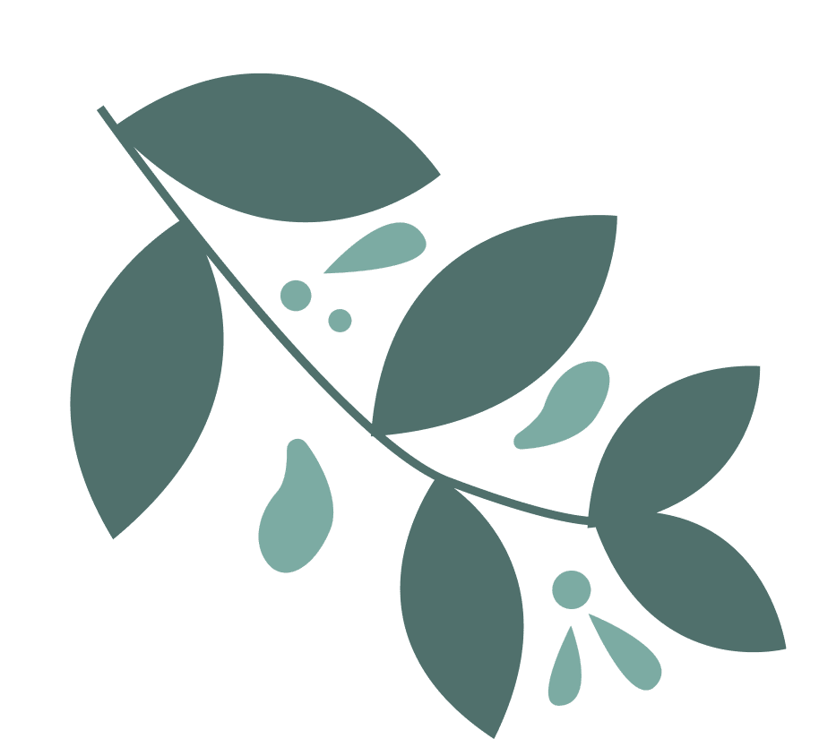 Yksinkertainen grafiikka vihreästä lehtihaarasta, jossa on abstrakteja muotoja vaaleanharmaalla taustalla.