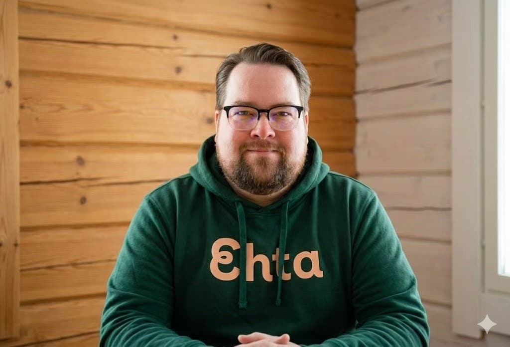 Pöydän ääressä istuu silmälasipäinen, parrakas mies, jolla on vihreä huppari, johon on painettu Ehta. Taustalla on puupanelointi ja ikkuna.