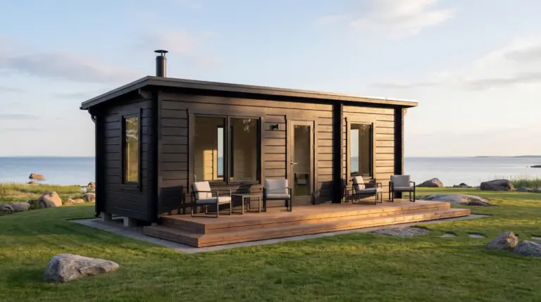 Pieni, moderni, musta puinen mökki, jossa on suuret ikkunat, sijaitsee nurmikolla veden äärellä, ja terassituolit ovat etukannella.