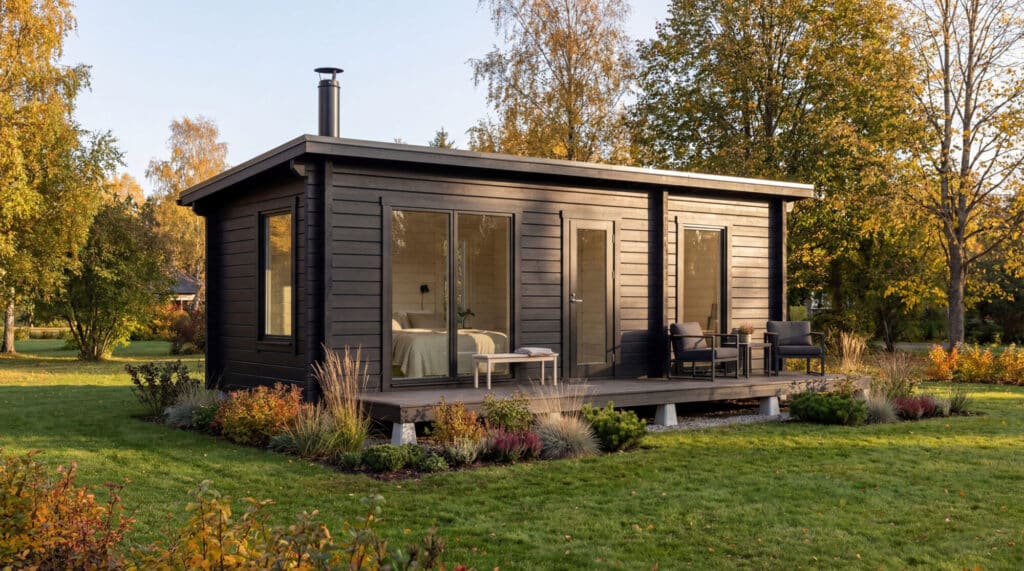 Pieni, moderni musta mökki, jossa on suuret ikkunat ja kuisti, sijaitsee nurmikolla, jota ympäröivät puut ja puutarhakasvit.