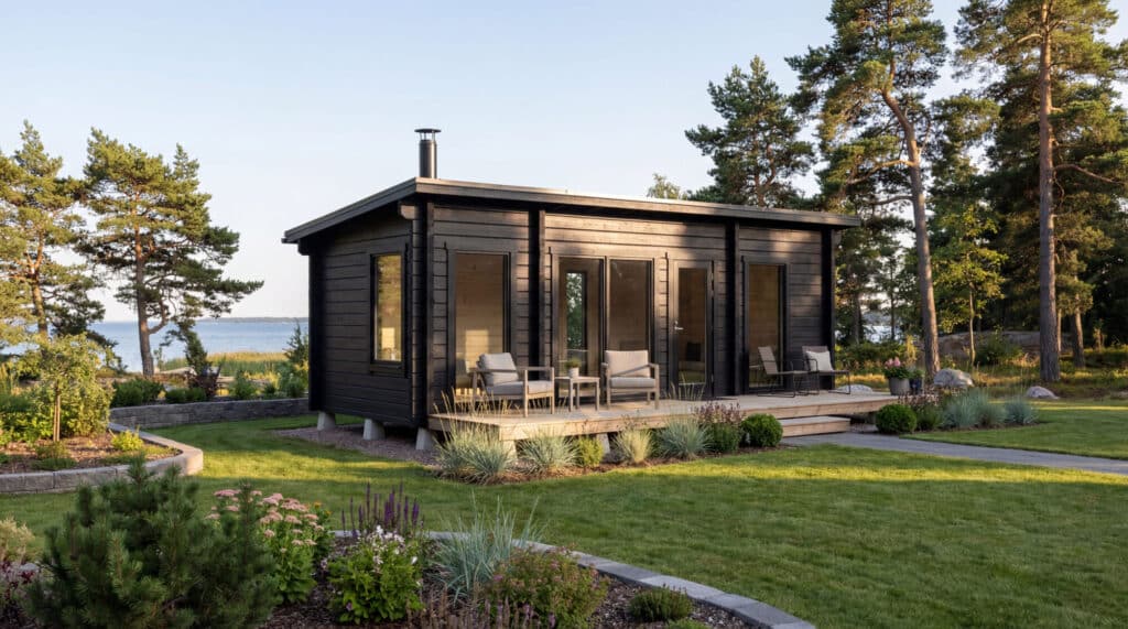 Moderni musta puinen mökki, jossa on katettu kuisti, ruohon, kasvien ja puiden ympäröimänä, taustalla näkymä vedelle.
