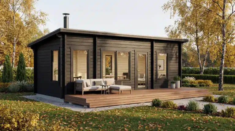 Moderni musta puutalo, jossa on suuret ikkunat, pieni savupiippu ja puinen terassi, jossa on ulkoistuimet, ruohon ja syksyisten puiden ympäröimänä.