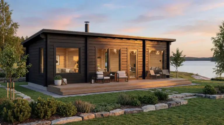 Moderni puinen mökki, jossa on suuret ikkunat ja kansi, jota ympäröi maisemoitu puutarha ja nurmikko, joka sijaitsee lähellä järveä auringonlaskun aikaan.