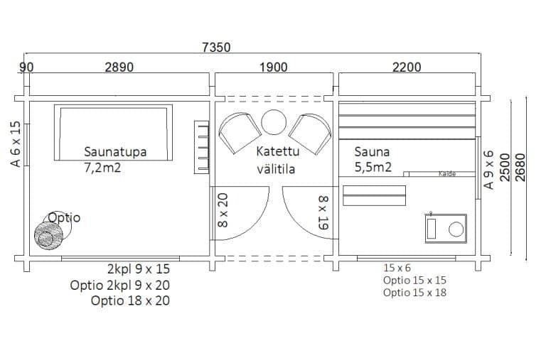 Pieni Saunamökki 20 katetulla välitilalla A