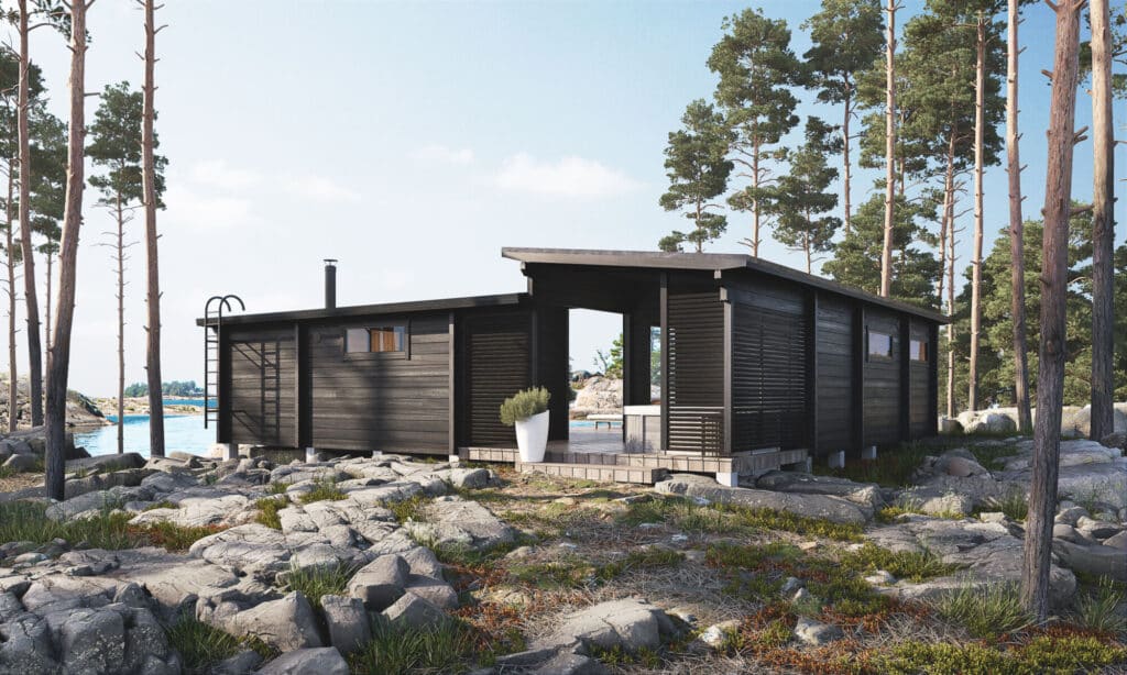 Havainnekuva: tumma pulpettikattoinen Ehta Villa 46 katoksineen merenrantakalliolla