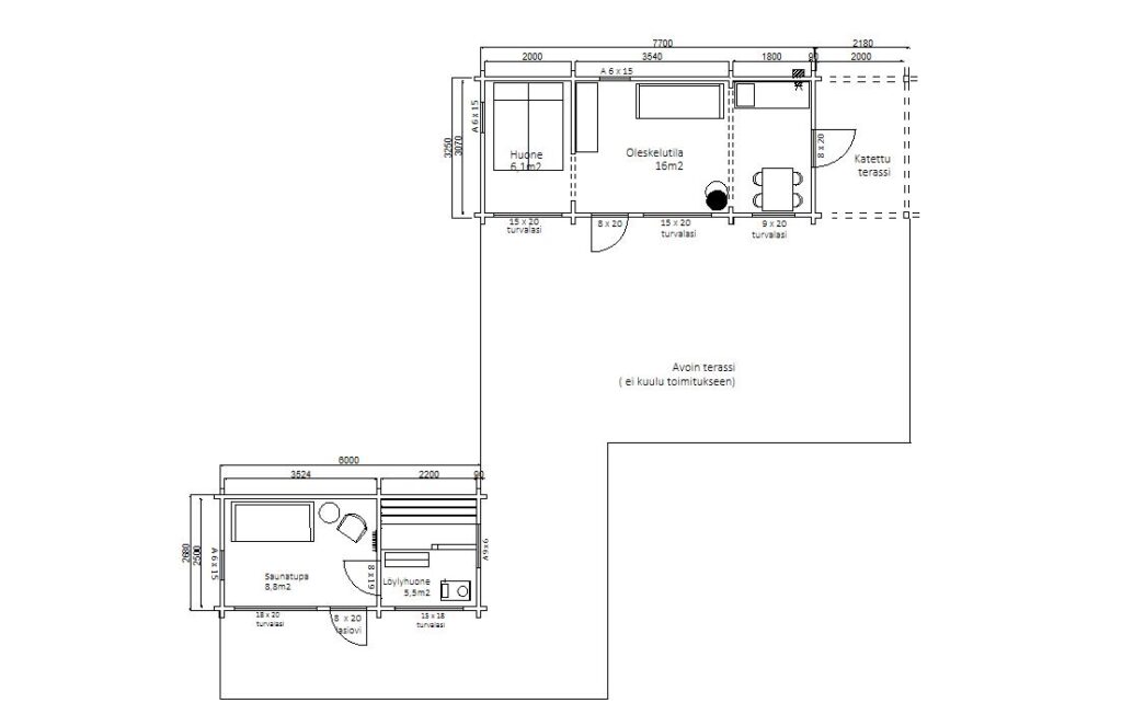 Villa 47:n pohjapiirros: päärakennus, erillinen saunatupa ja avoin terassi