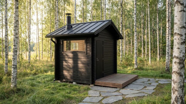 Pieni, musta puinen mökki, jossa on savupiippu, seisoo kivipolulla koivumetsässä korkean ruohon ja puiden ympäröimänä.