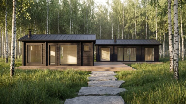 Moderni yksikerroksinen mökki, jossa on suuret ikkunat ja tumma ulkokuori, joka sijaitsee korkeiden koivujen keskellä ja jonka sisäänkäynnille johtaa kivipolku nurmikon läpi.