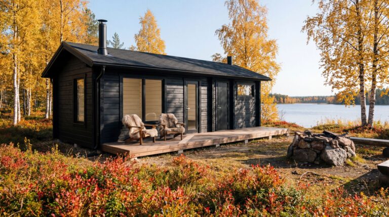 Pieni musta Saunamökki, jossa on puinen kansi ja kaksi tuolia, istuu järven rannalla, syksyisten puiden ja pensaiden ympäröimänä, ja etualalla on kivinen nuotiopaikka.