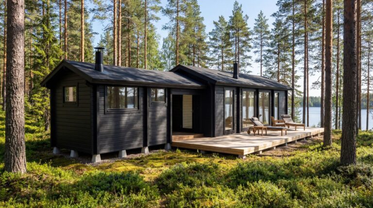 Moderni musta puinen mökki, jossa on suuret ikkunat ja terassi ja joka sijaitsee korkeiden mäntyjen keskellä järven rannalla metsäisessä ympäristössä.