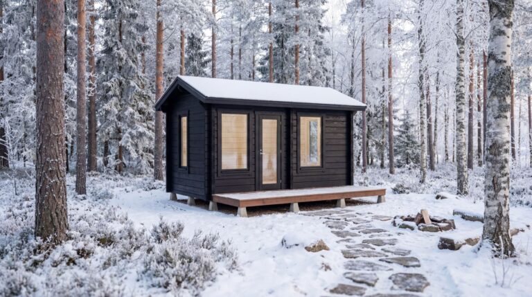 Pieni musta puinen mökki, jossa on suuret ikkunat, seisoo lumisella metsäaukiolla, jota ympäröivät lumipeitteiset puut ja sisäänkäynnille johtava kivipolku.