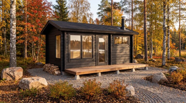 Pieni musta puinen mökki, jossa on kuisti, on syksyisten puiden, kivien ja pensaiden ympäröimä sora-aukiolla - viihtyisä Pihasauna-retriitti.