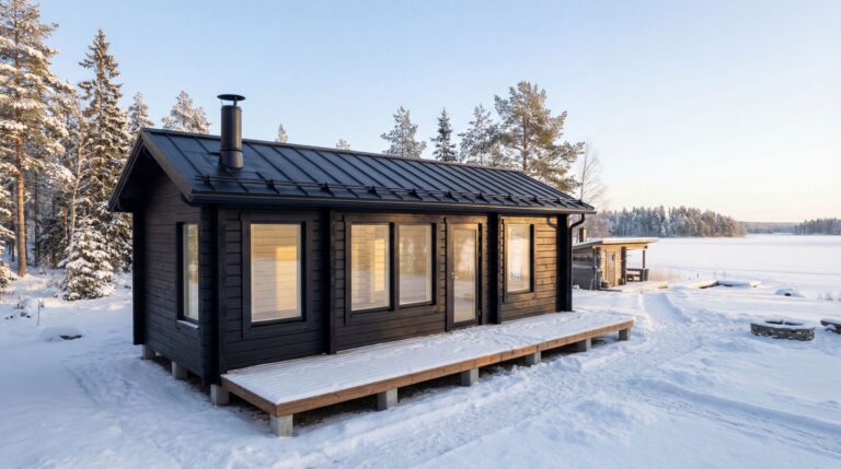 Pieni musta puinen saunamökki, jossa on suuret ikkunat, sijaitsee lumisessa maisemassa metsän ja jäätyneen järven lähellä kirkkaalla taivaalla.