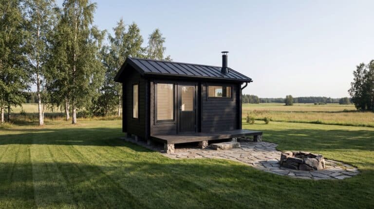 Pieni musta puinen mökki, jossa on metallikatto, sijaitsee kiviperustuksen päällä keskellä ruohomaista peltoa; tämä viehättävä Pihasauna tarjoaa seesteiset näkymät puihin ja avoimeen maisemaan taustalla.