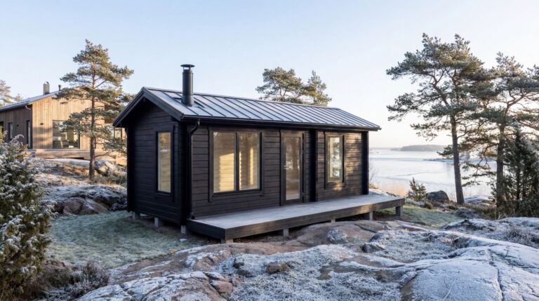 Pieni musta puinen mökki, jossa on suuret ikkunat, istuu mäntyjen ympäröimällä huurteisella kalliomaisemalla, josta on näkymät vesistölle.