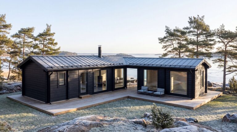 Moderni musta puinen mökki, jossa on suuret ikkunat ja tilava kansi, joka sijaitsee puiden keskellä kivikkoisella rantaviivalla, josta on näkymät rauhalliselle vedelle.