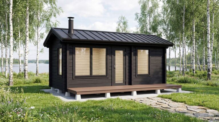 Pieni, moderni, mustapuinen ja metallisella katolla varustettu mökki seisoo nurmikentällä järven rannalla koivujen ja luonnonkukkien ympäröimänä.