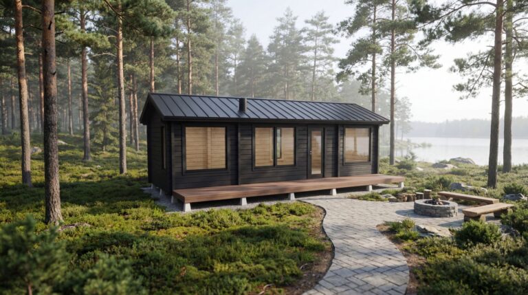 Moderni musta puinen mökki, jossa on suuret ikkunat, sijaitsee metsäaukiolla lähellä järveä, ja kivipolku johtaa nuotiopaikalle ja penkeille.