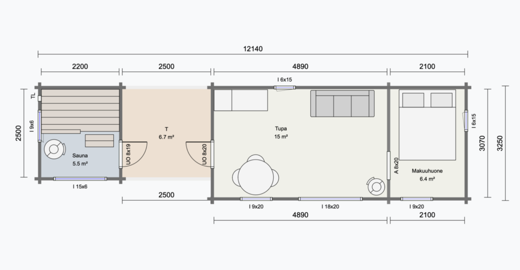 Pienen talon pohjapiirros, jossa on sauna (5,5 m²), terassi (6,7 m²), olohuone (15 m²) ja makuuhuone (6,4 m²); mitat millimetreinä.
