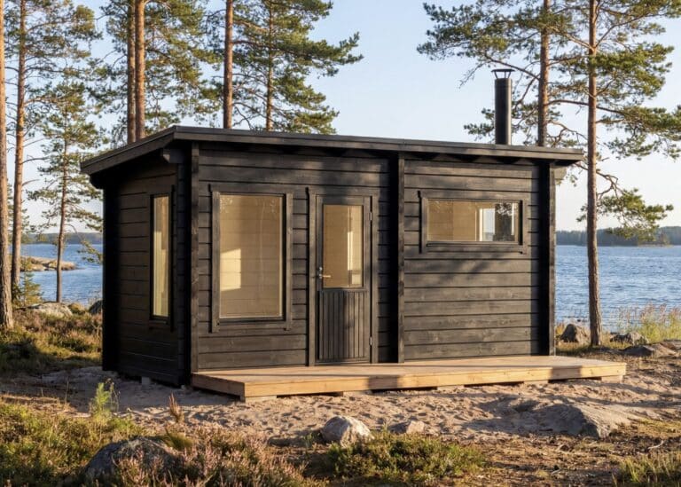 Moderni pulpettikattoinen hirsisauna perinteisessä suomalaisessa järvimaisemassa. Ehta Pihasauna 12 oleskeluhuoneella on maalattu kuultavalla mustan sävyllä (Tikkurilan Piki) ja sen edessä on terassi. Saunatuvassa on iso ikkuna ja löylyhuoneessa pienempi vaakatasossa oleva maisemaikkuna, josta ihailla maisemia ylälauteelta. Sauna on mäntyjen katveessa hiekkakankaalla ja taustalla siintää kesäinen järvimaisema.