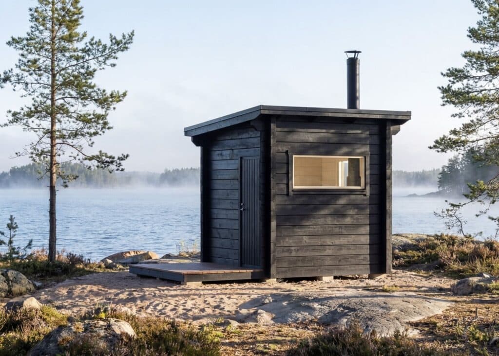 Kuultavalla mustan sävyllä (Tikkurilan Piki) maalattu pieni, moderni hirsisauna perinteisessä suomalaisessa järvimaisemassa. Saunan vasemmalla puolella kasvaa mänty ja taustalla oleva kesäisen järvimaiseman yllä leijuu kevyt usva. Saunaan mennään sisään vasemmalta, terassin kautta ja edessä on lähes koko seinän levyinen ikkuna, josta näkee maisemat ylälauteella istuttaessa.