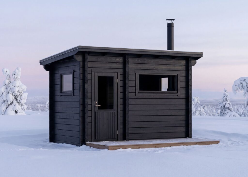 Kuultavalla mustan sävyllä (Tikkurilan Piki) maalattu moderni hirsimökki talvisessa tunturimaisemassa.