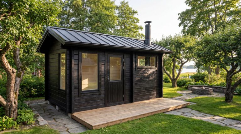 Pieni musta puinen Pihasauna 12 -mökki, jossa on metallikatto ja savupiippu, seisoo kivipihalla, jota ympäröivät vihreät puut ja ruoho, ja lähellä on edukas nuotiopaikka.