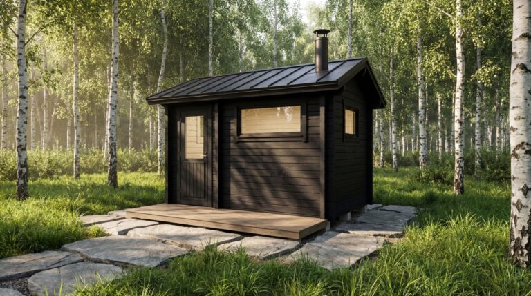 Pieni musta puinen pihasauna, jossa on metallinen katto ja savupiippu, istuu kivikivien päällä auringon valaisemassa koivumetsässä.