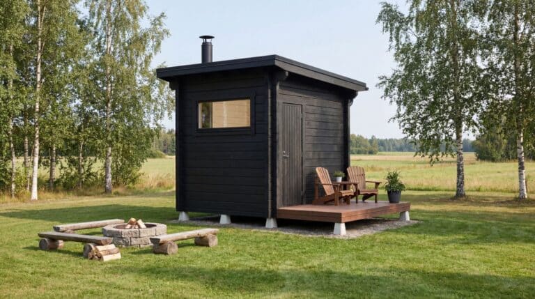 Pieni musta puinen Pihasauna-mökki, jossa on kuisti, kaksi tuolia ja ruukkukasvi, sijaitsee nurmikolla nuotiopaikan lähellä, puiden ja avoimien peltojen ympäröimänä. Edukas design tarjoaa mukavuutta seesteisessä ympäristössä.