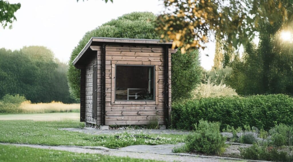 Ehta's Garden Sauna 7 has an atmospheric yet surprisingly large sauna room. The sauna, with its picture window, is on display at Marketanpuisto in Espoo.