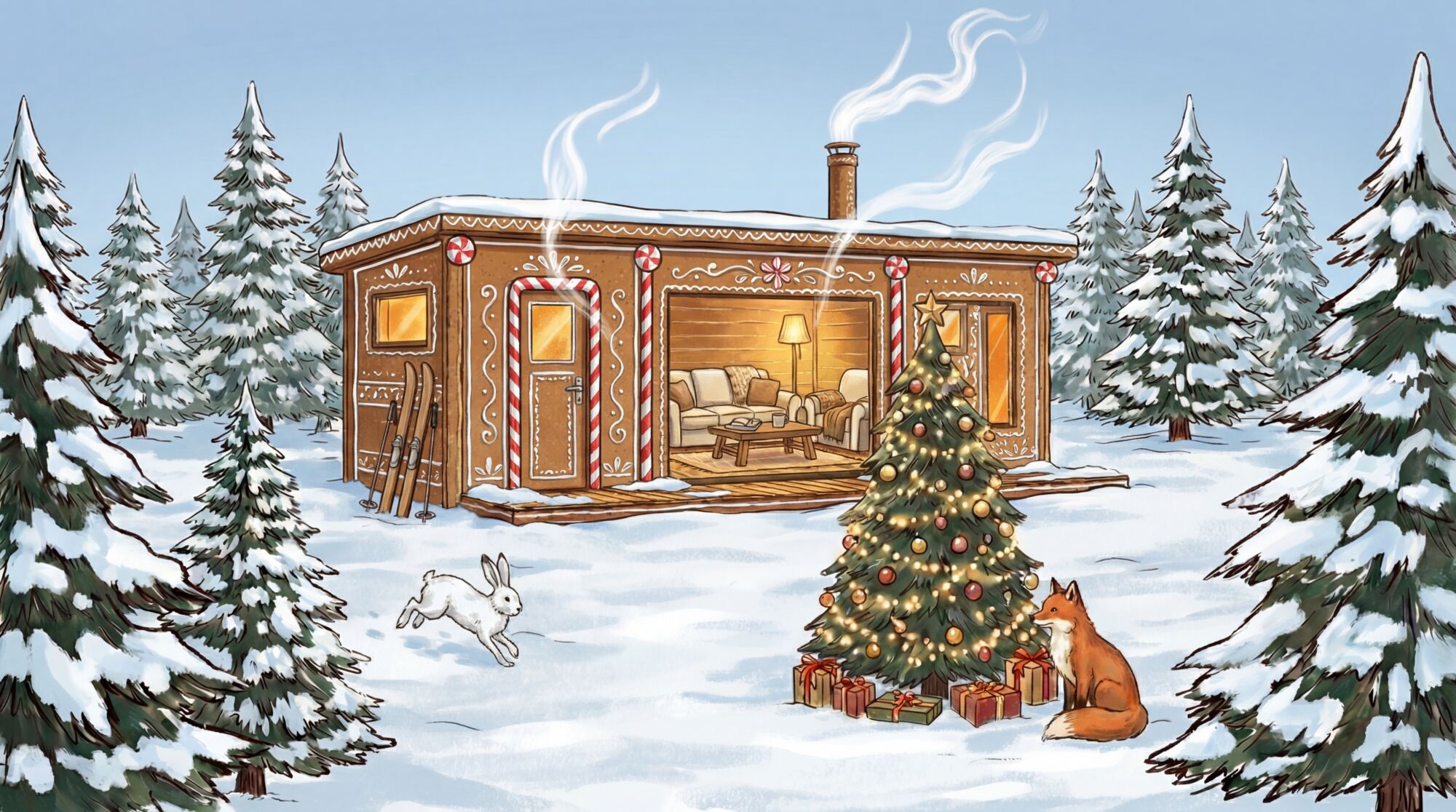 Piparkakkutalo lumisessa metsässä on näyttämönä Ehtan 2025 piparkakkutalokilpailulle, jossa savupiipusta nousee savua, koristeltu joulukuusi, kettu, kani, jänis, lahjat ja männyt viimeistelevät juhlallisen kokonaisuuden.