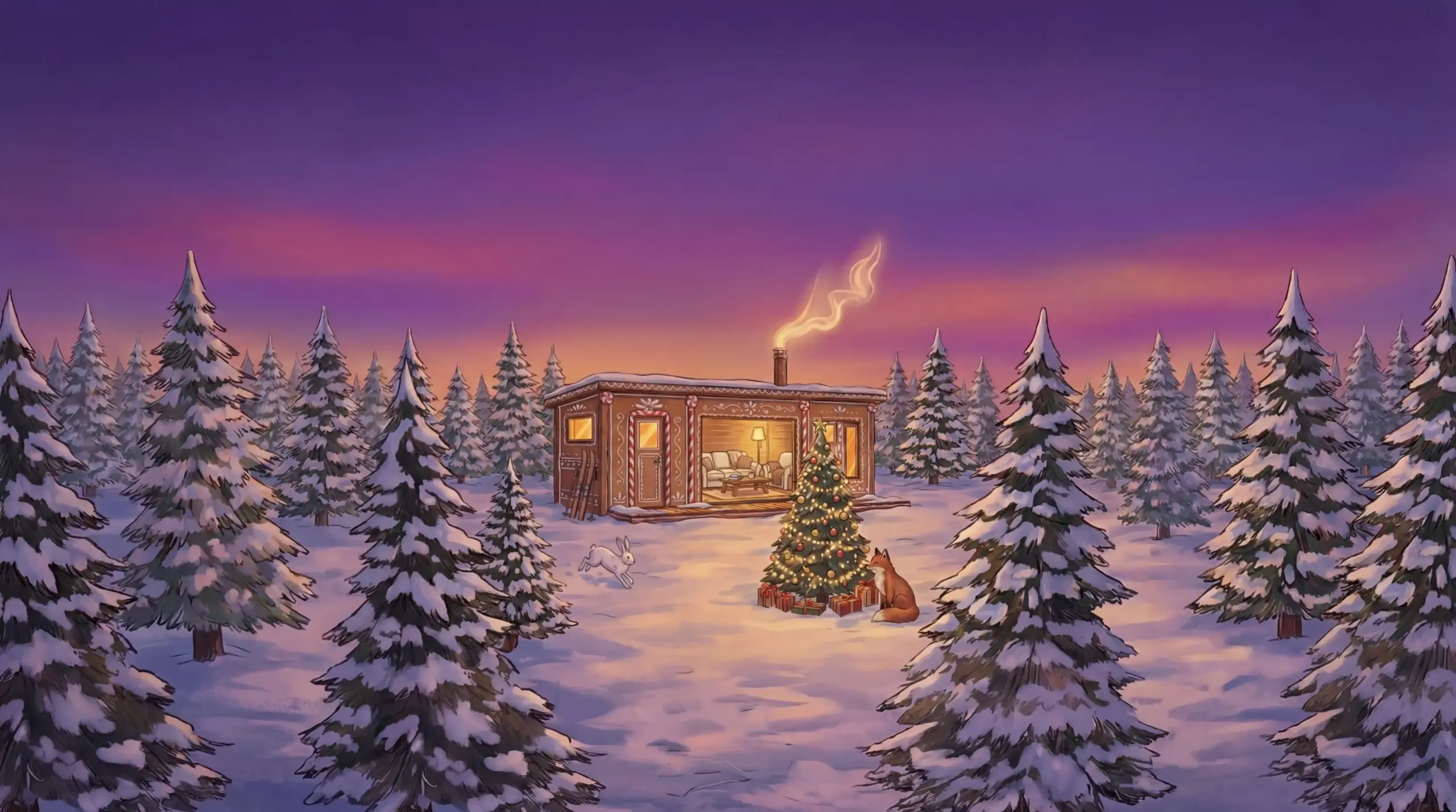 Viihtyisä mökki, jonka savupiipusta nousee savua, istuu lumen peittämien mäntyjen keskellä hämärässä, kun koristeltu joulukuusi ja piparkakkutalon kilpailu valaisevat lumista pihaa.