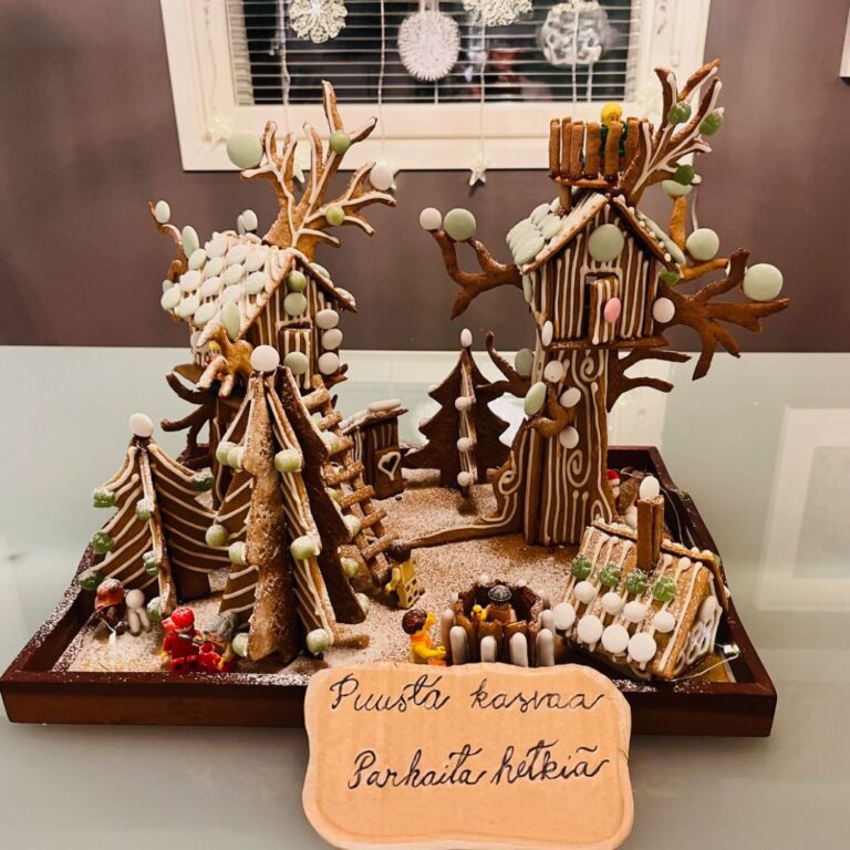 Tarjottimella on yksityiskohtainen piparkakkukylä, jossa on koristeltuja taloja, puita ja puumaja; Teoksen nimi "Puusta kasvaa parhaita hetkiä" kuvaa hyvin teoksen luonnetta. Ehta piparkakkukisan finalisteista numero 3.