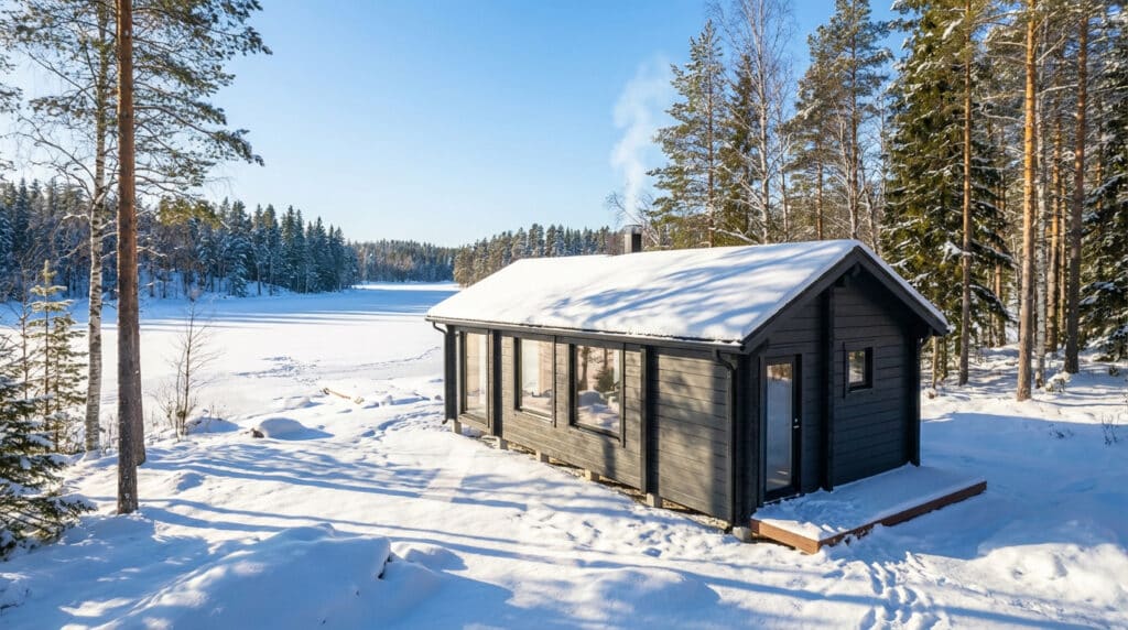 Pieni tumma valmismökit-mökki, jossa on lumipeitteinen katto, sijaitsee lumisella metsäaukealla lähellä jäätynyttä järveä kirkkaansinisen taivaan alla - ihanteellinen paikka ainutlaatuisten matkailukohteiden etsijöille.