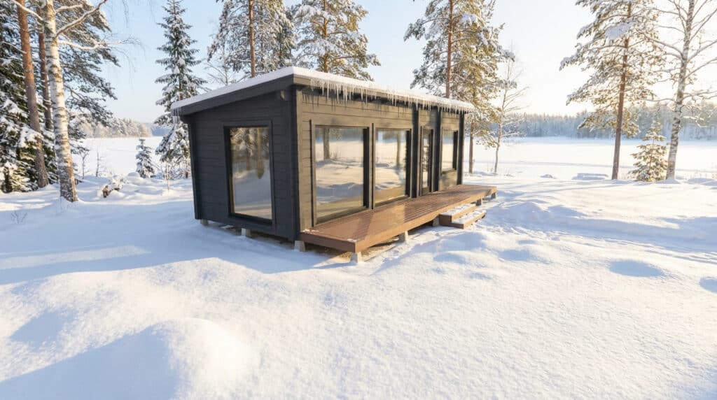 Pieni moderni valmismökki, jossa on suuret ikkunat, sijaitsee lumisessa maisemassa, puiden ja jäätyneen järven ympäröimänä, joten se on ihanteellinen paikka matkailukohteille kirkkaalla taivaalla.