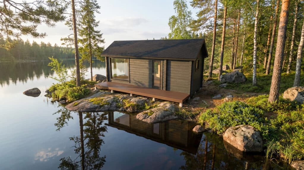 Pieni puinen mökki, jossa on suuret ikkunat istuu reunalla järven, täydellinen majoitustoimijoille, ympäröivät puut ja kivet, heijastuu rauhallinen vesi.