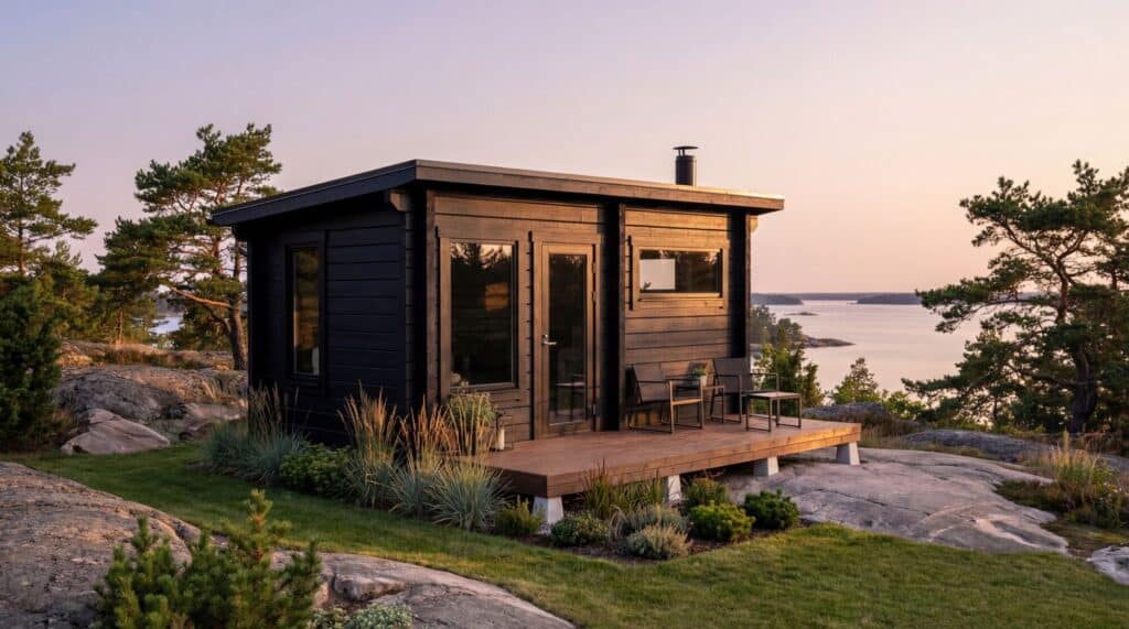 Pieni moderni musta mökki, jossa on suuret ikkunat ja puinen kansi, istuu kallioisella, ruohoisella maisemalla, josta on näkymät vesistölle auringonlaskun aikaan.