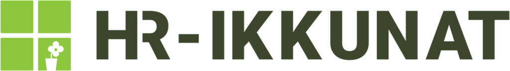 Logo, jossa on neljä vihreää neliötä, jotka muodostavat ikkunan ja pienen kukkaruukkukuvakkeen, jonka vieressä on teksti HR-IKKUNAT rohkeilla tummanvihreillä kirjaimilla - ihanteellinen Nina Honkasen ja Hannu-Pekka Björkmanin faneille, jotka etsivät tyylikästä muotoilua.
