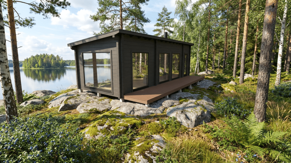 Tummapuinen mökki, jossa on suuret ikkunat, sijaitsee kallioisella maastolla metsäisen järven rannalla. Korkeat männyt ja sammaleinen maaperä ympäröivät tätä modernia rakennusta luonnonkauniissa ympäristössä.