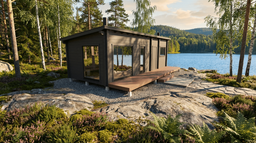 Saunamökki 34 -mallista inspiraationsa saanut moderni puumökki, jossa on suuret ikkunat, sijaitsee kallioisella maalla järven rannalla, puiden ja kasvien ympäröimänä osittain pilvisen taivaan alla.