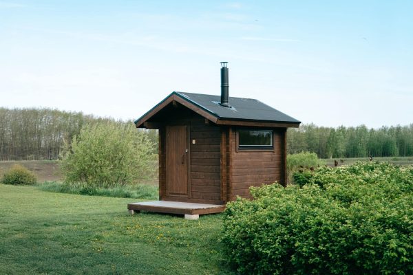 Pieni puinen mökki, jossa on savupiippu, seisoo nurmikolla pensaiden vieressä, ja taustalla on puita ja kirkas taivas - täydellinen viihtyisä pihasauna rentoutumiseen.