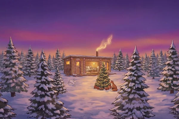 Viihtyisä mökki, jonka savupiipusta nousee savua, istuu lumen peittämien mäntyjen keskellä hämärässä, kun koristeltu joulukuusi ja piparkakkutalon kilpailu valaisevat lumista pihaa.